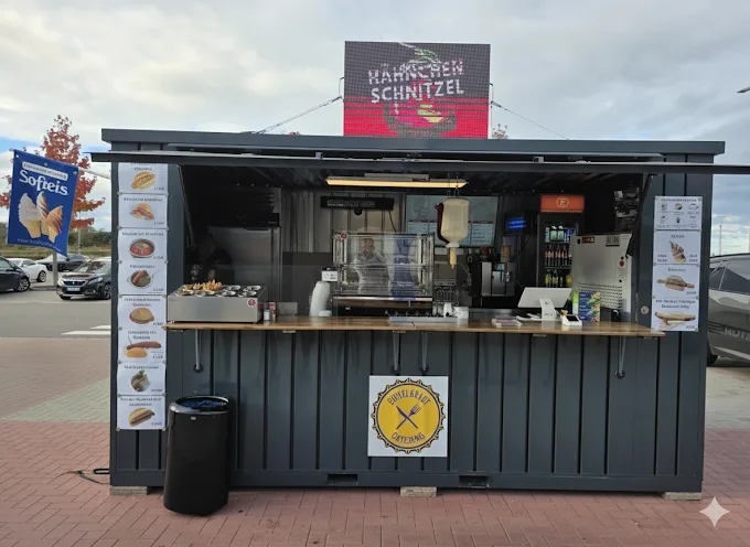 Verkaufscontainer von Eichelkraut Catering vor dem Outlet Brehna